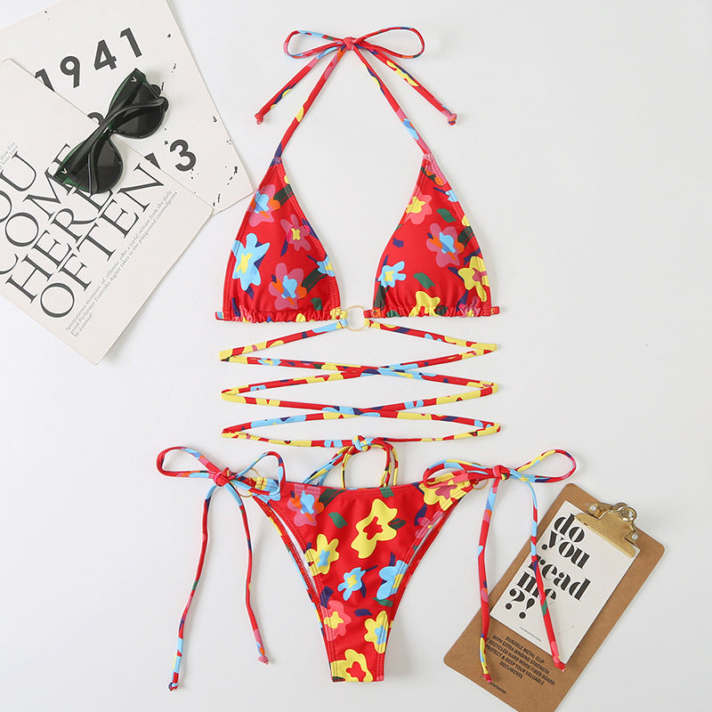 Floral Multicolor Ring Linked Bikini Set Swimsuit