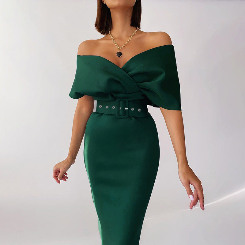 Off Shoulder Belt Wrap Formal Dress