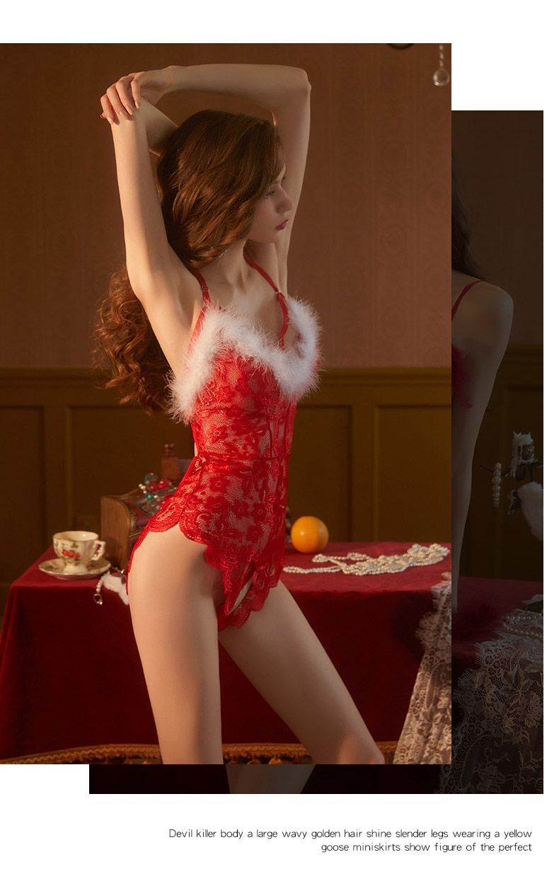 Women Sexy Lingerie Christmas Floral Lace Crotchless Bodysuit.