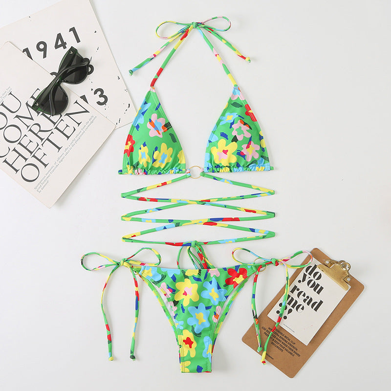 Floral Multicolor Ring Linked Bikini Set Swimsuit