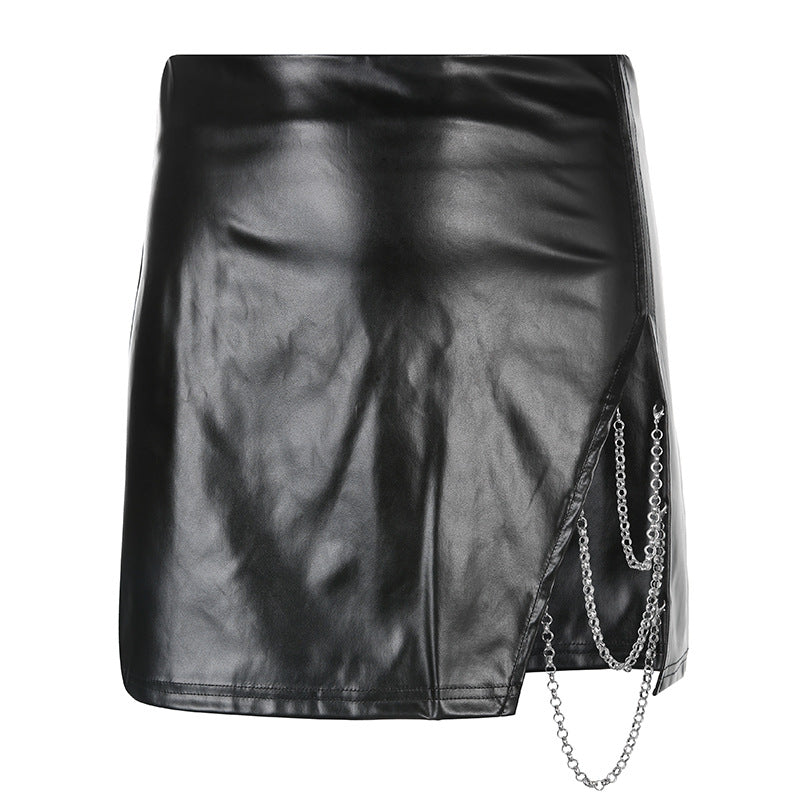 Leather Split Chain Mini Skirt Women