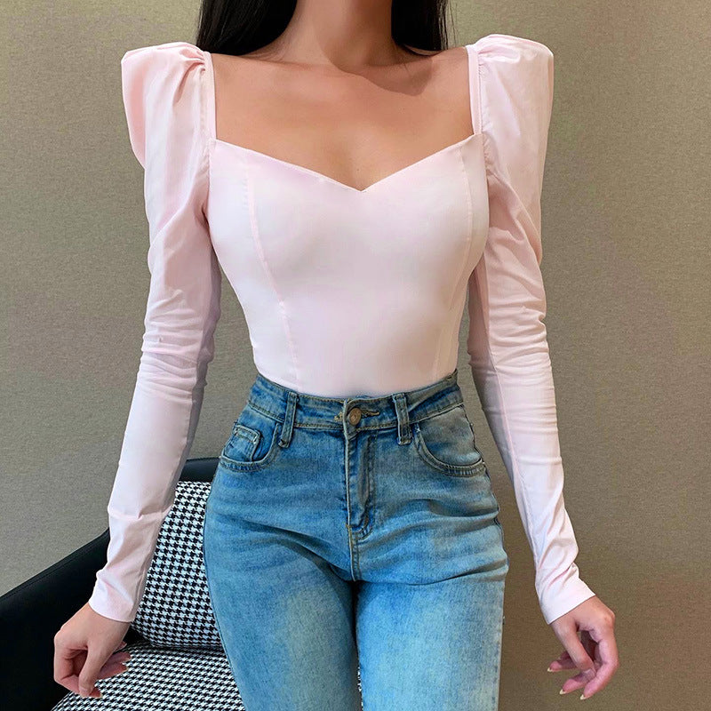 Puff Sleeve V-neck Blouses