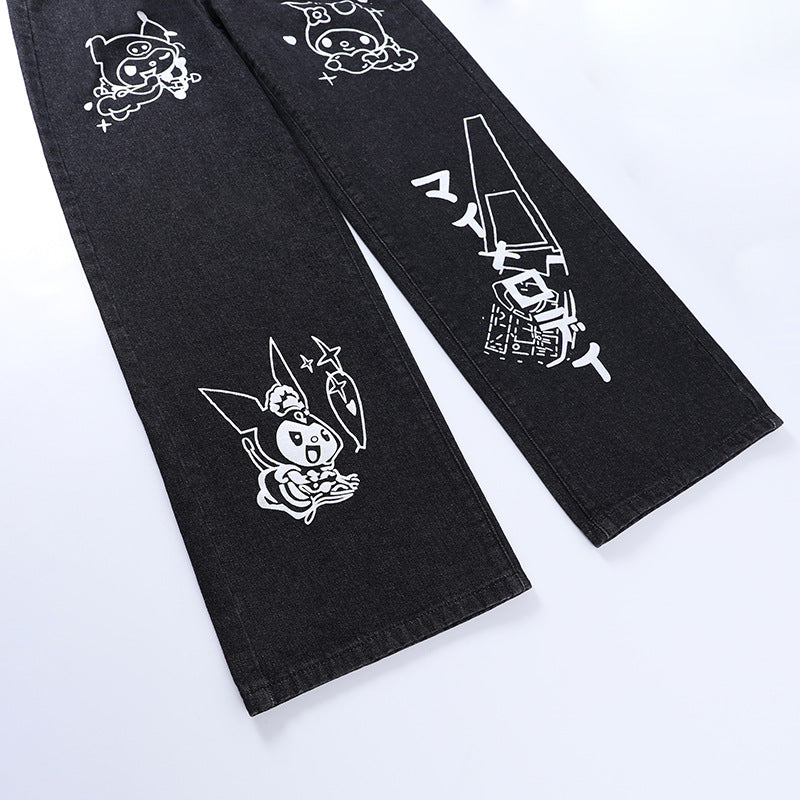 Cartoon Print Black Jean Women