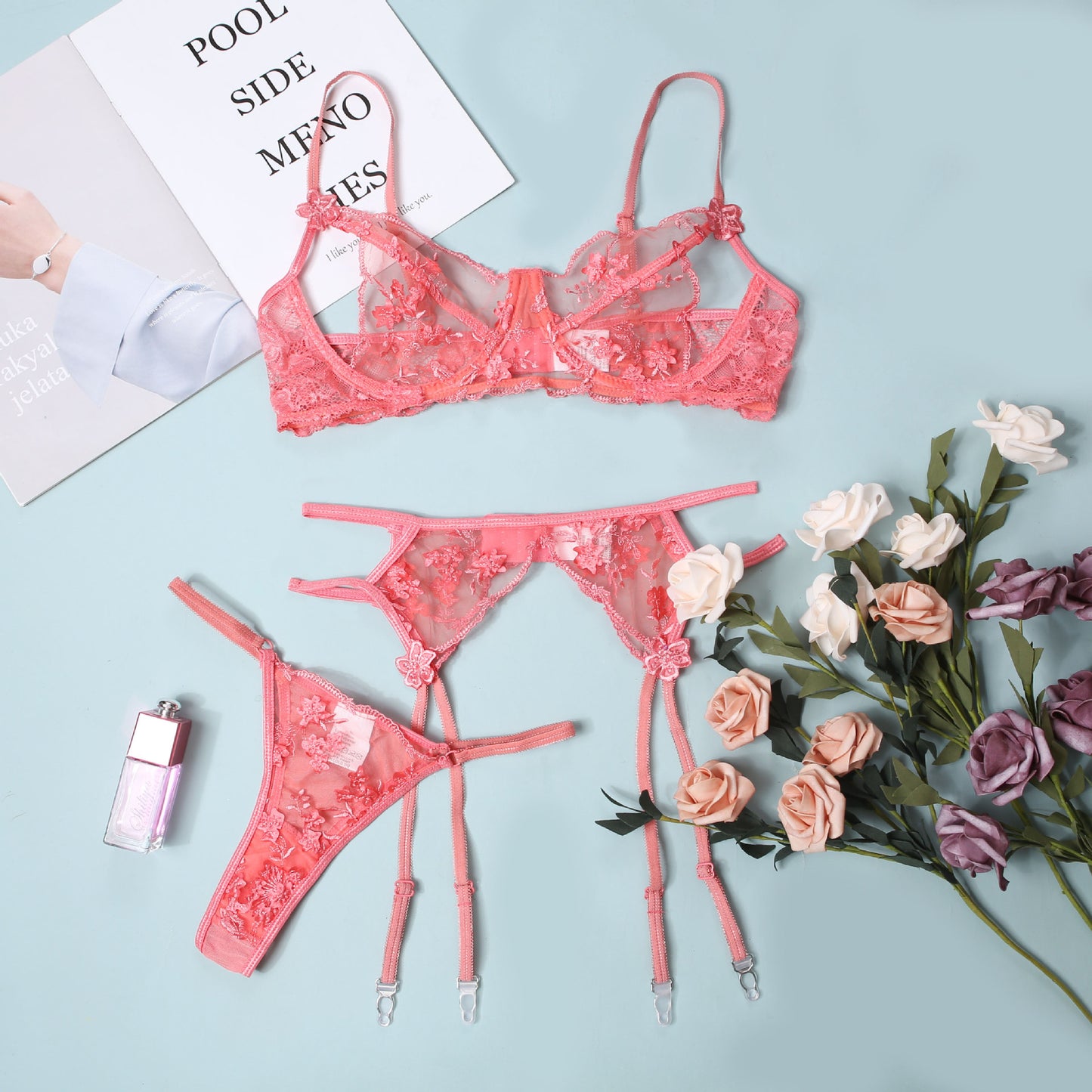 Pink Floral Embroidery Underwire Push-up Bra & Garter Set