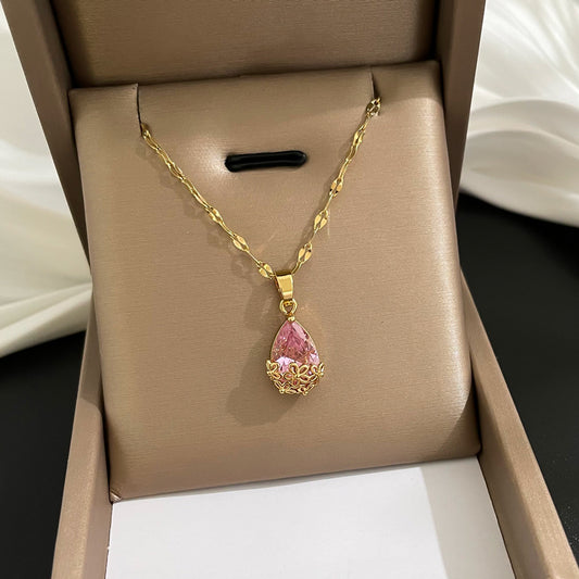 Pink Water Droplet Diamond Pendant Gold-plated Necklace