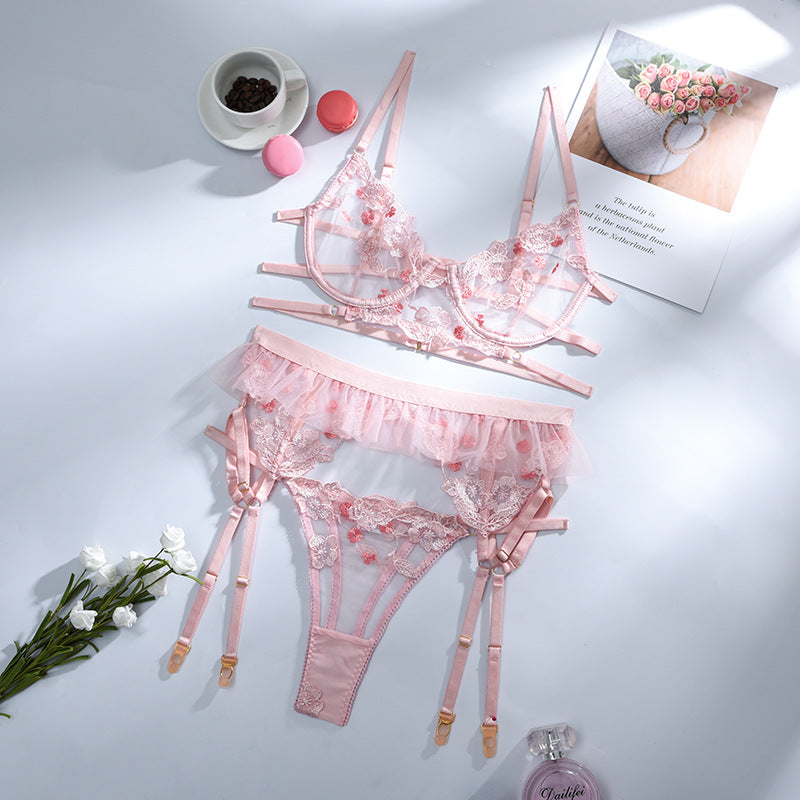 Pink Mesh Floral Embroidery Underwire Bra & Garter Set