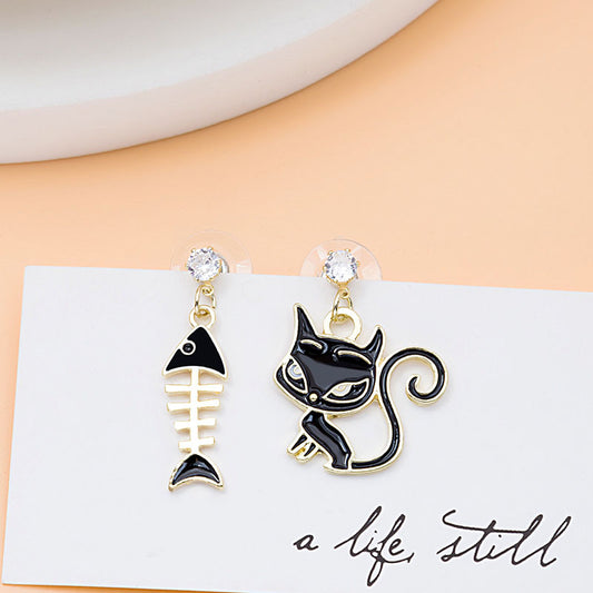 Cartoon Cat & Fish Bone Stud Earrings