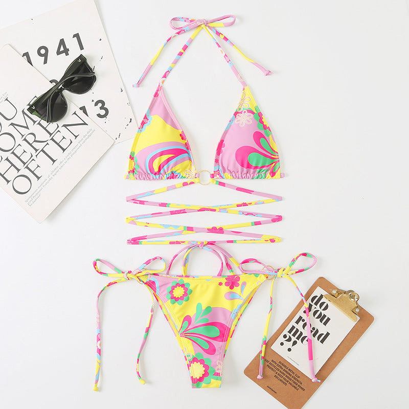 Floral Multicolor Ring Linked Bikini Set Swimsuit