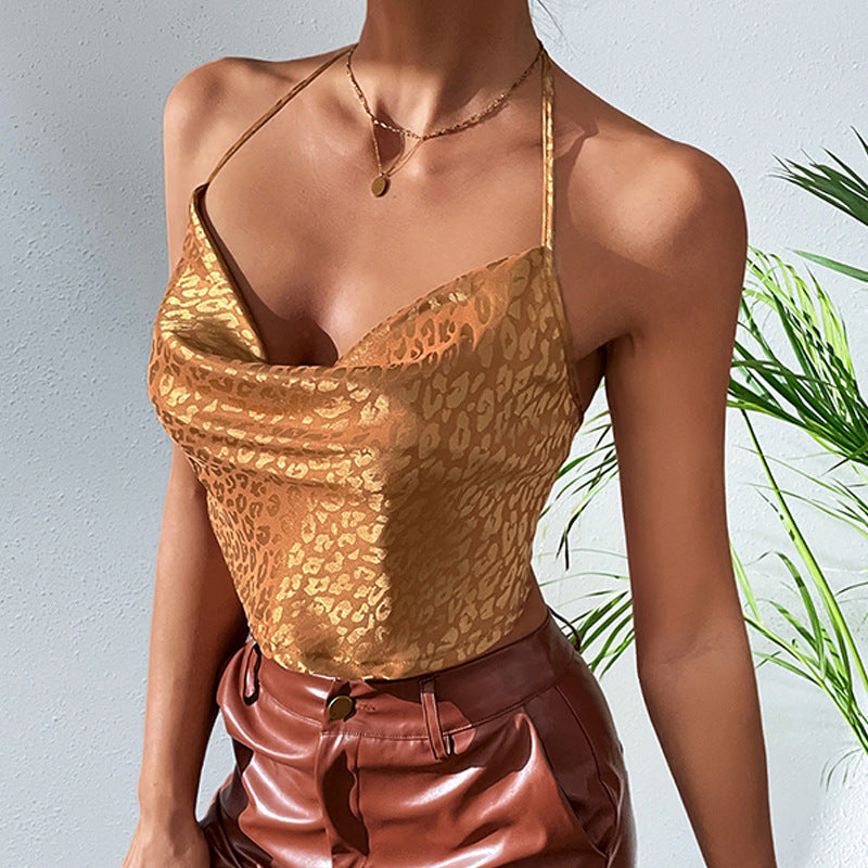 Chic Leapord Halter Crop Top Deep-v Neck Camisole