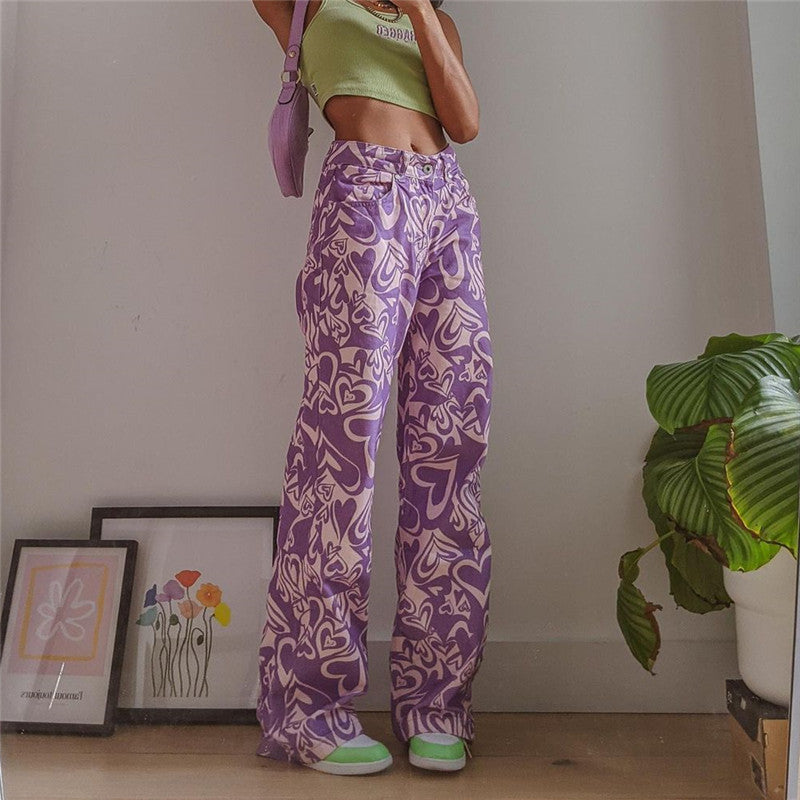 Hearts Print High Waist Straight Pants Women