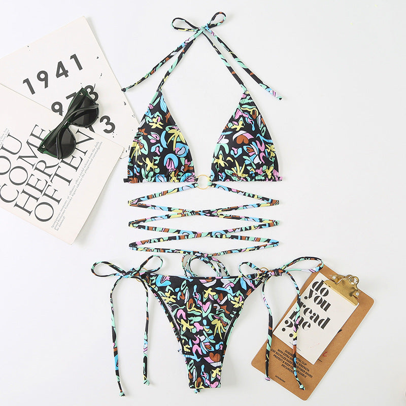 Floral Multicolor Ring Linked Bikini Set Swimsuit