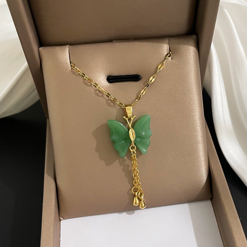 Green Butterfly Diamond Pendant Gold-plated Necklace