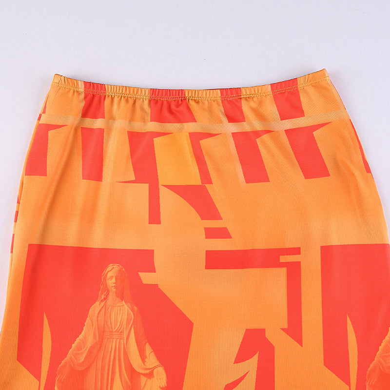 Orange Crop Top Skirt Two Piece Set Women