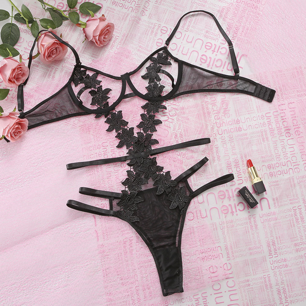 Floral Embroidery Cut Out See Through Teddy Lingerie Set