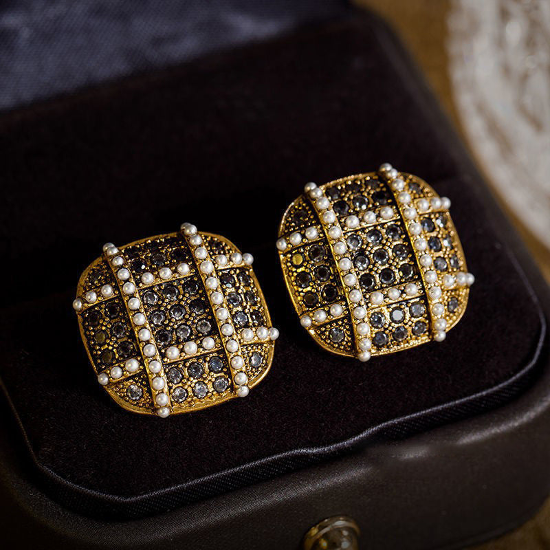 Gold Plated Rhinestone Black Pearl Stud Earrings