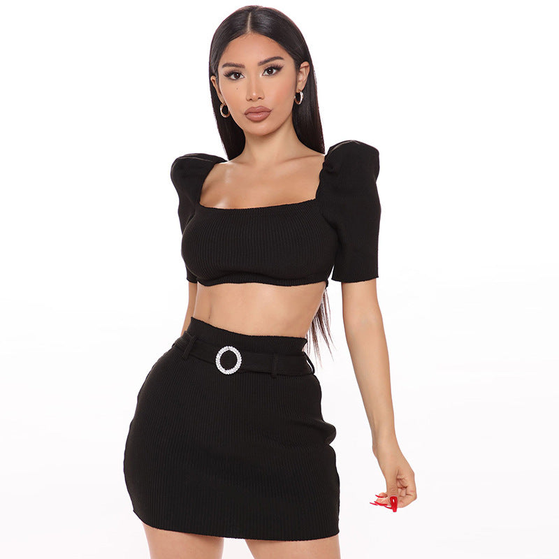 Puffed Sleeve Short Skirt Two Pieces Set