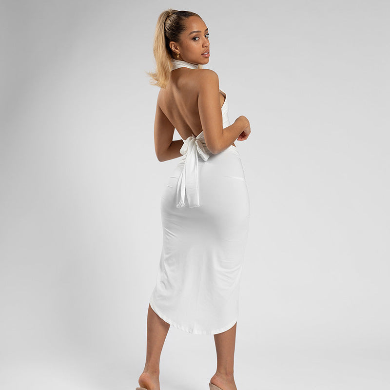 Halter Top Asymmetric Side Tie Skirt Two Piece Set