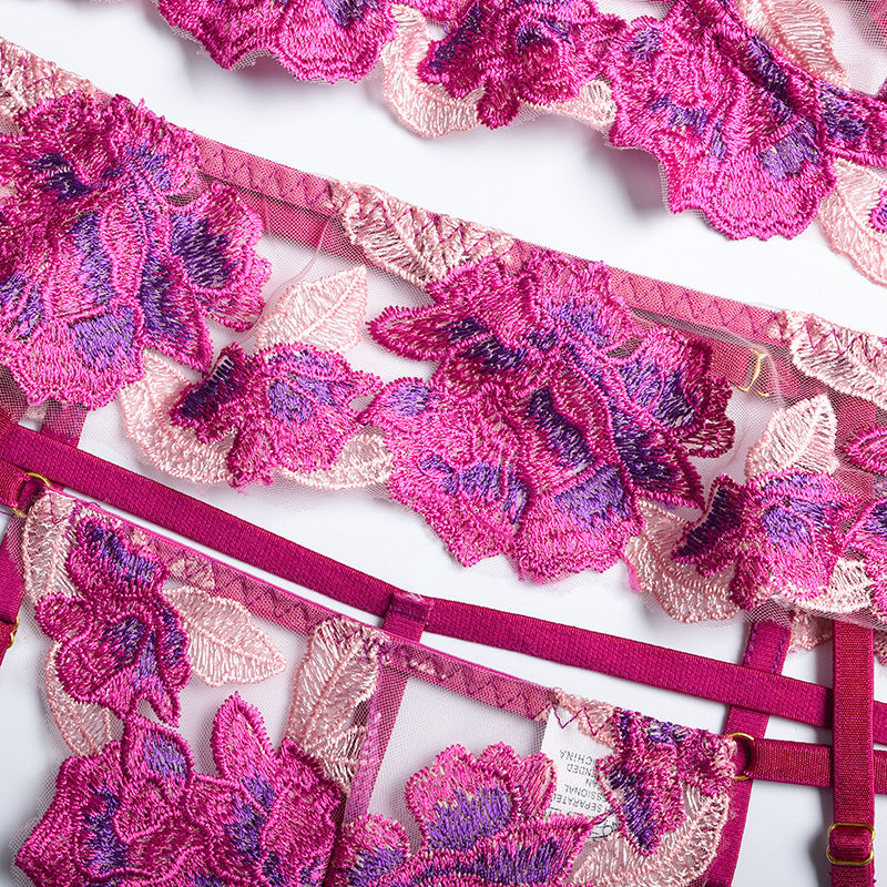 Pink Floral Embroidery Underwire Bra & Garter