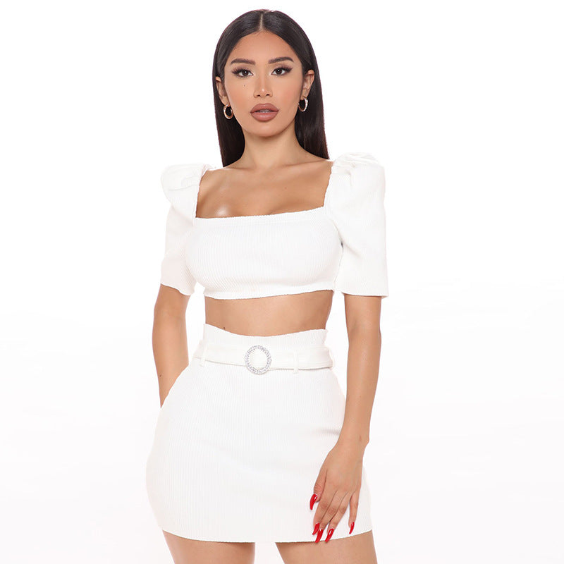 Puffed Sleeve Short Skirt Two Pieces Set