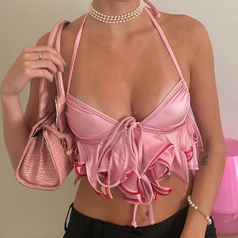 Satin Halter Strap Ruffles Top