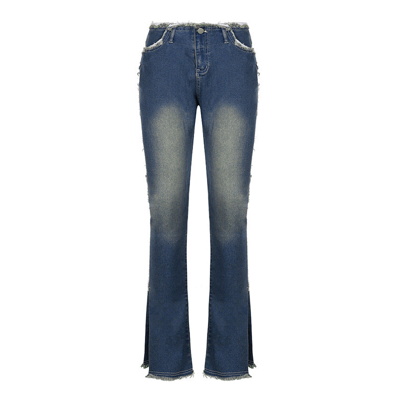 Low Rise Fringe Trim Flare Jean