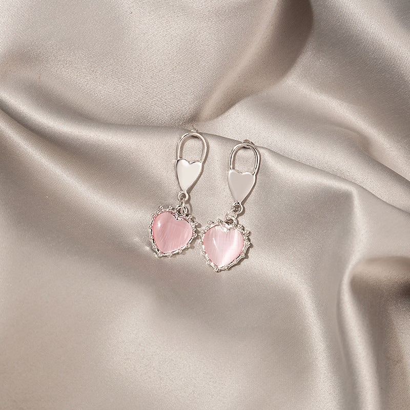 Pink Opal Heart Stud Earrings