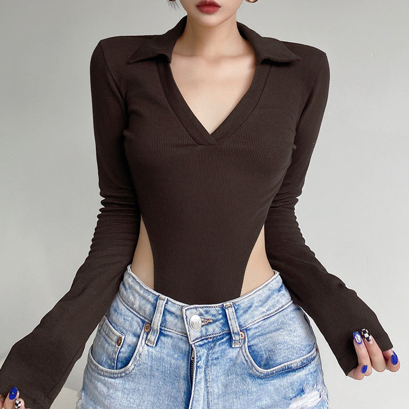 Knitted High-Cut V-Neck Bodysuit