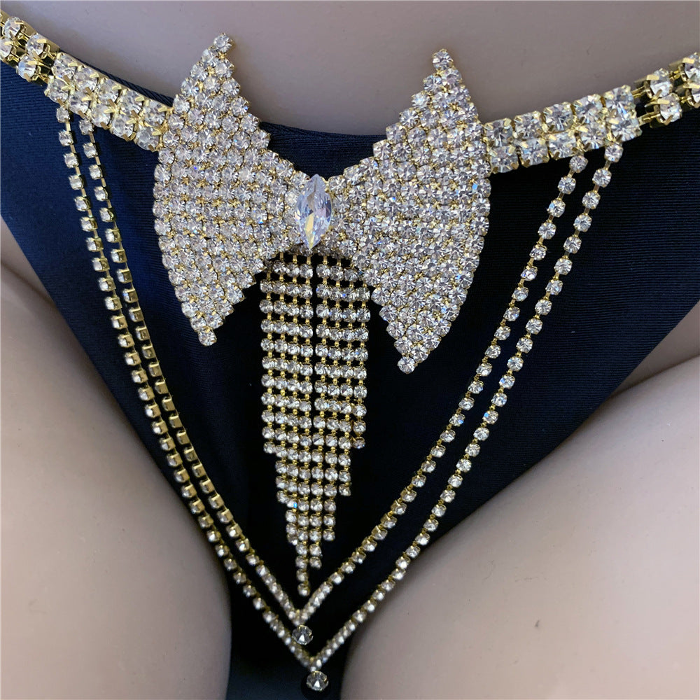 Ribbon Bow Rhinestone Tassel Thong Chain