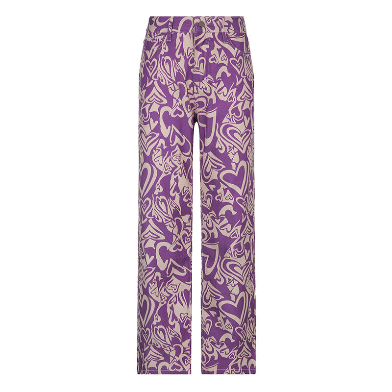 Hearts Print High Waist Straight Pants Women