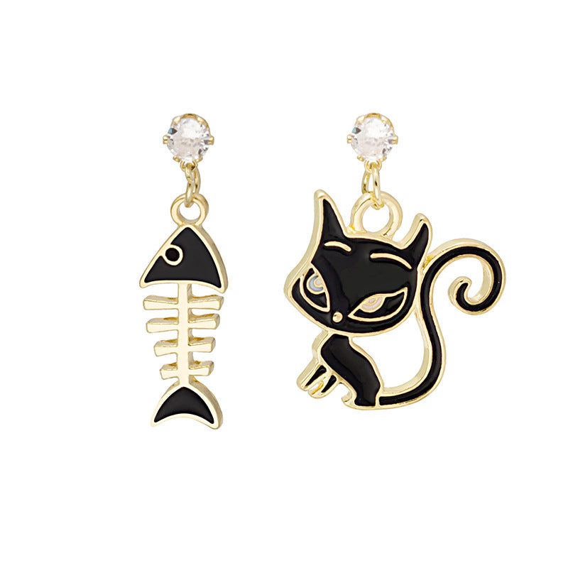 Cartoon Cat & Fish Bone Stud Earrings