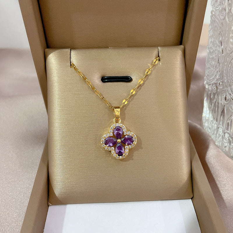 Purple Clover Pendant Gold-plated Necklace