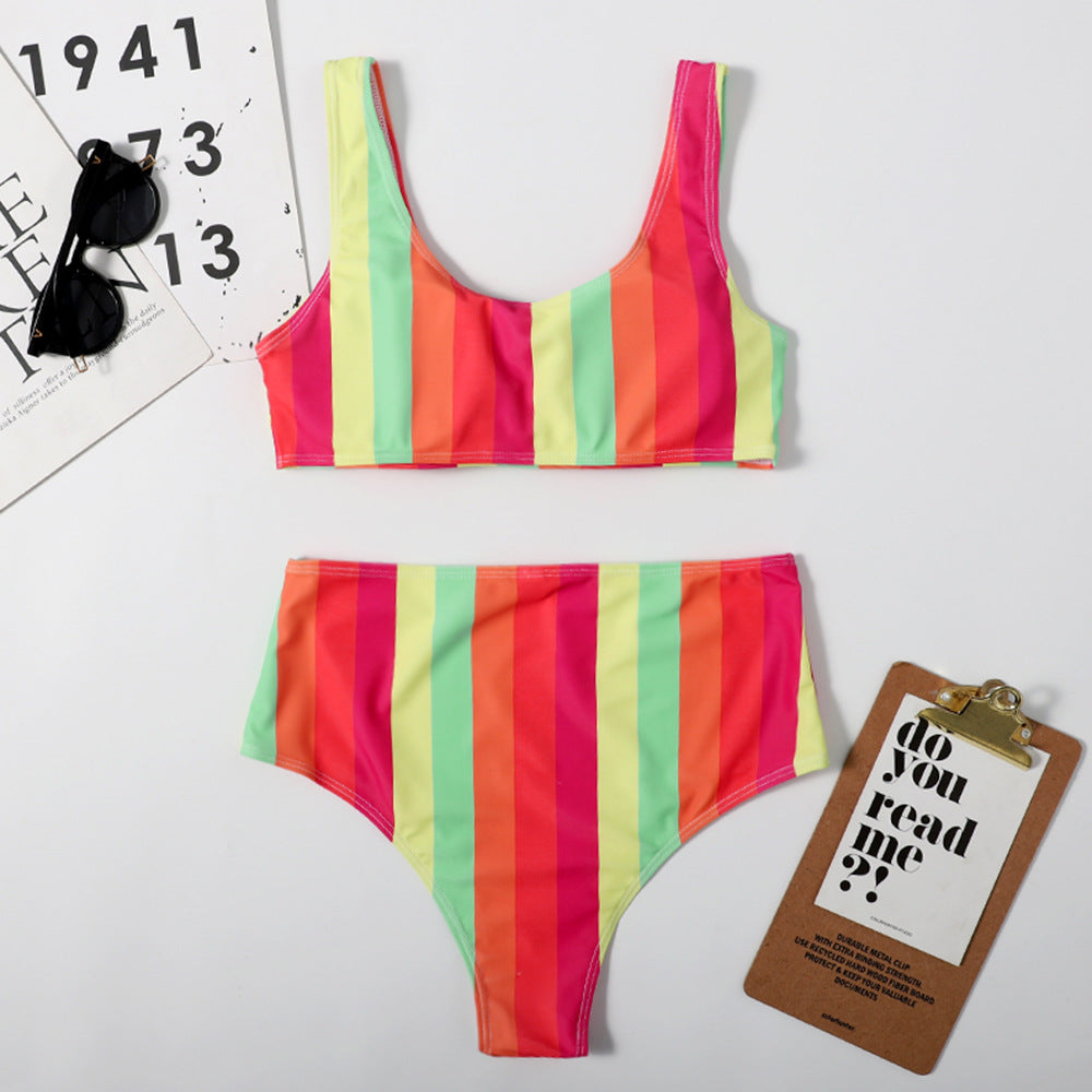 Multicolor Strip High Waist Bikini Beachwear Swimsuit