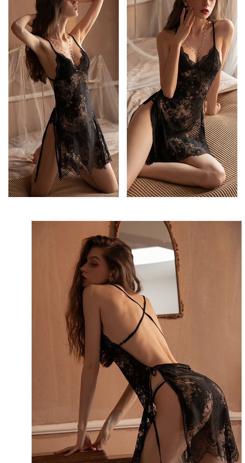 Women Sexy Floral Lace Lingerie Side Open See-through Nightdress Backless.