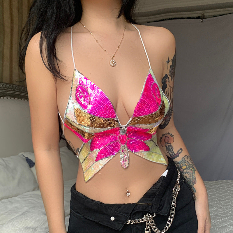 Butterfly Sequin Halter Straps Tops