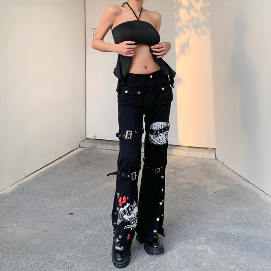 Grunge Punk Metal Button Wide Leg Pant Women