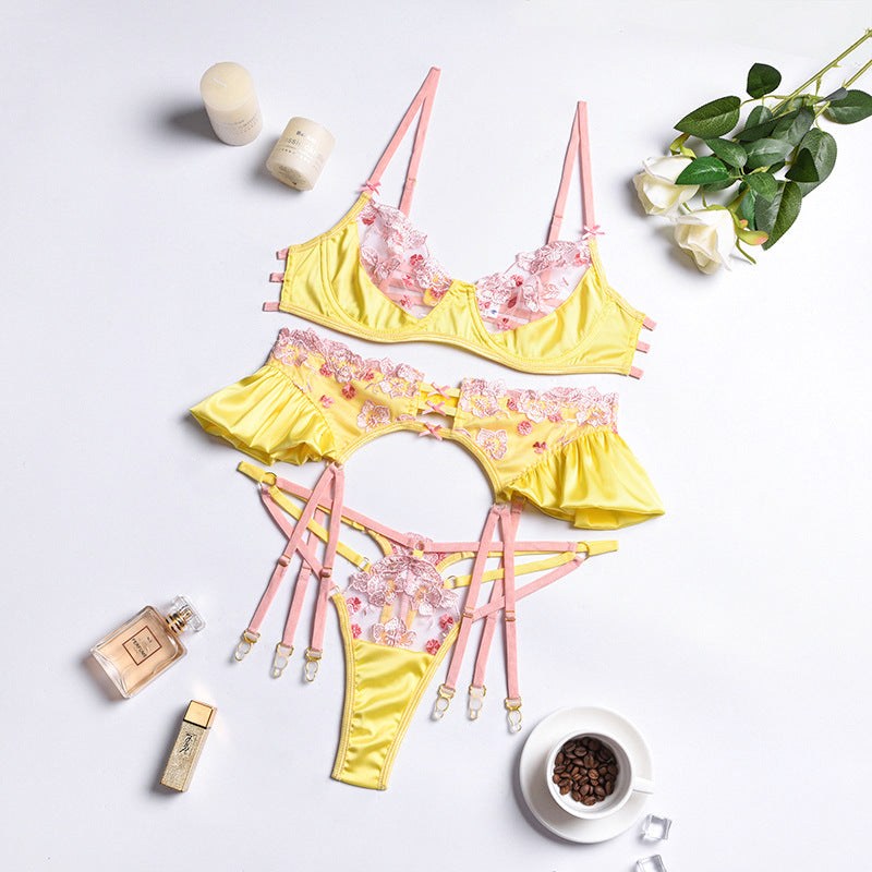 Yellow Floral Embroidery Mesh Bra & Garter Set