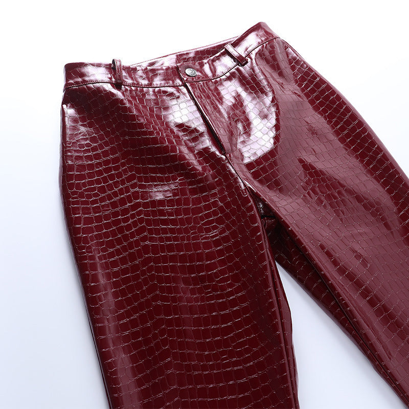 Crocodile Embroidery Straight Leather Pant Women