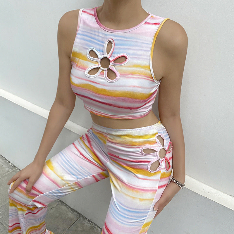 Floral Tie Dye Crop Top Long Pants Two Piece Set