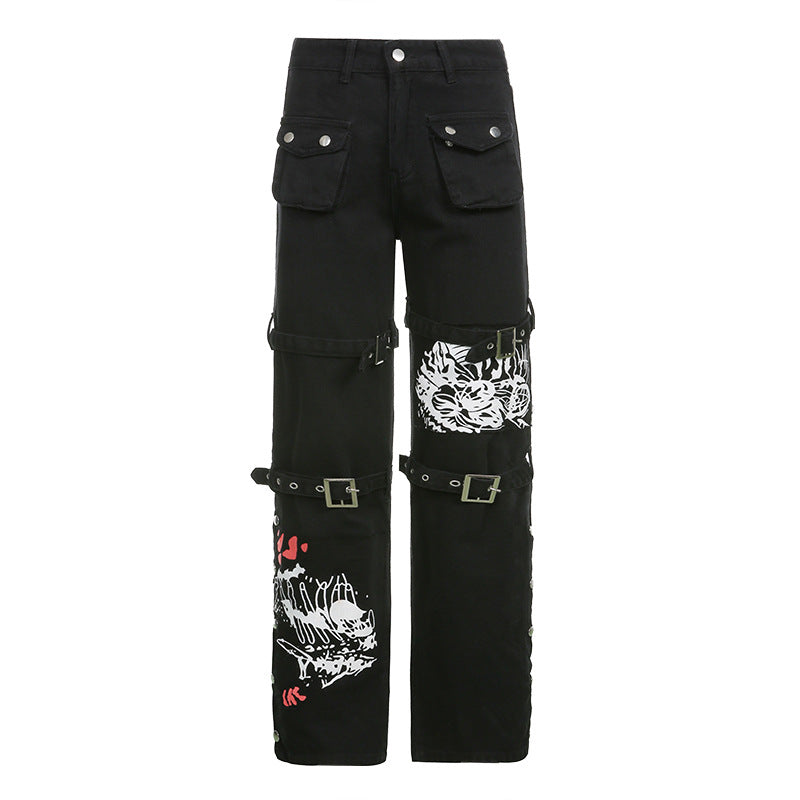 Grunge Punk Metal Button Wide Leg Pant Women