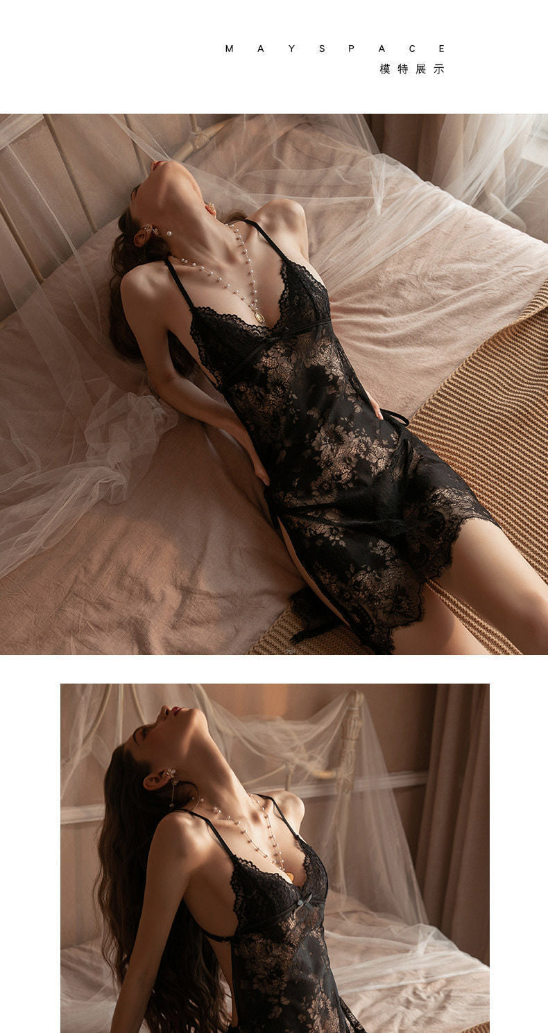 Women Sexy Floral Lace Lingerie Side Open See-through Nightdress Backless.