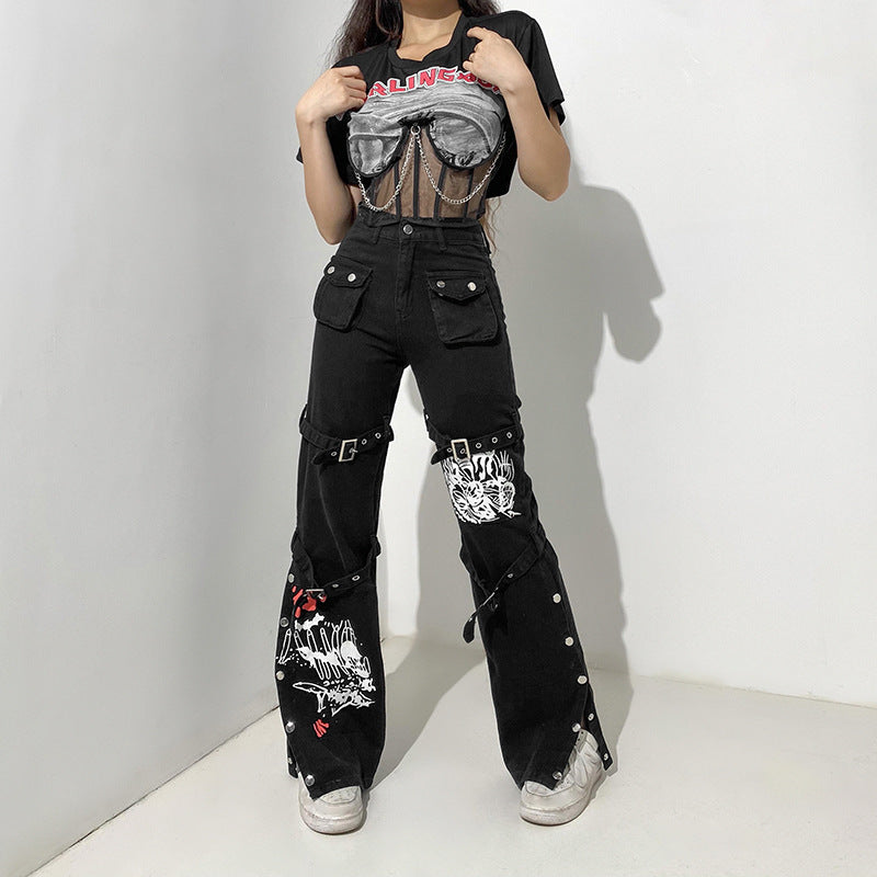 Grunge Punk Metal Button Wide Leg Pant Women