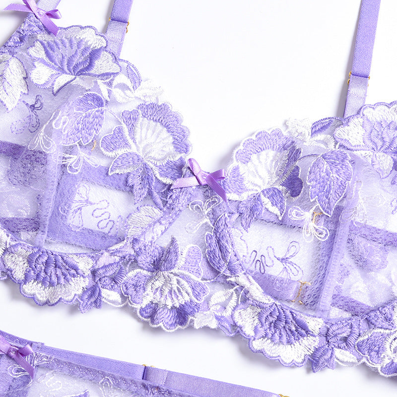 Ribbon Bow Floral Embroidery Mesh Bra & Garter Set