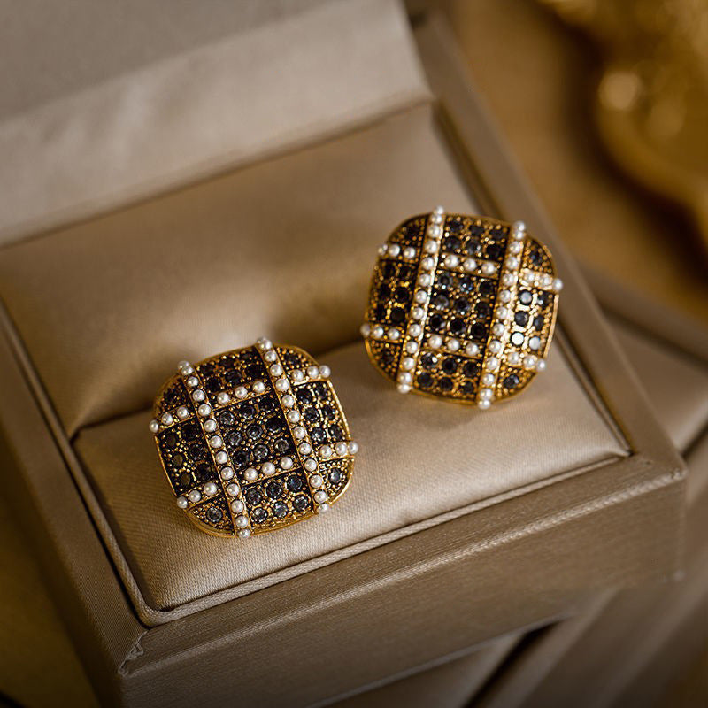 Gold Plated Rhinestone Black Pearl Stud Earrings