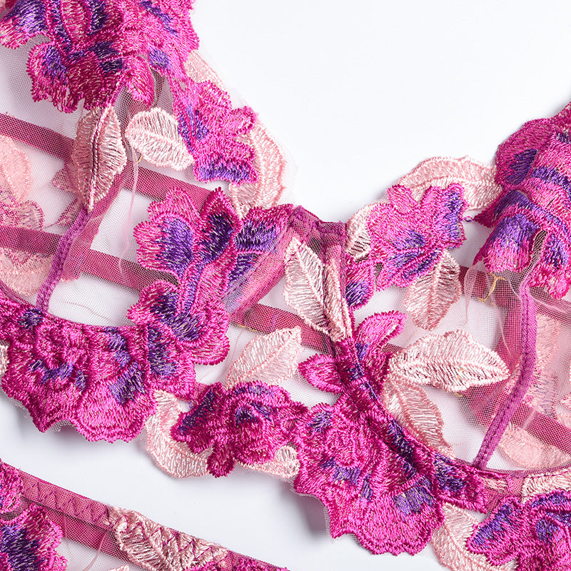 Pink Floral Embroidery Underwire Bra & Garter