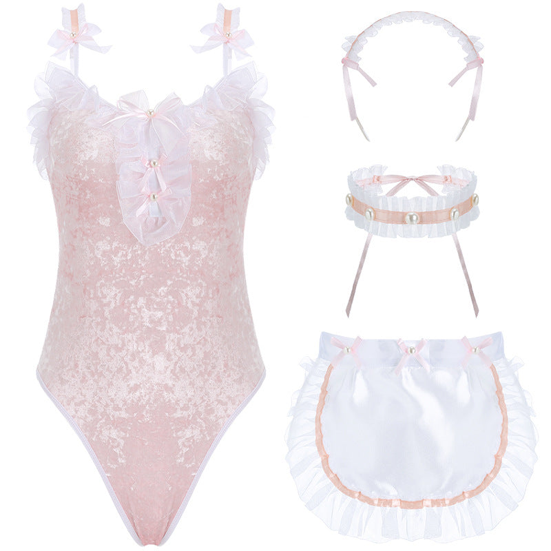 Lace Velvet Cute Bodysuit Lingerie Pink Maid Costume Set - M I I X A S