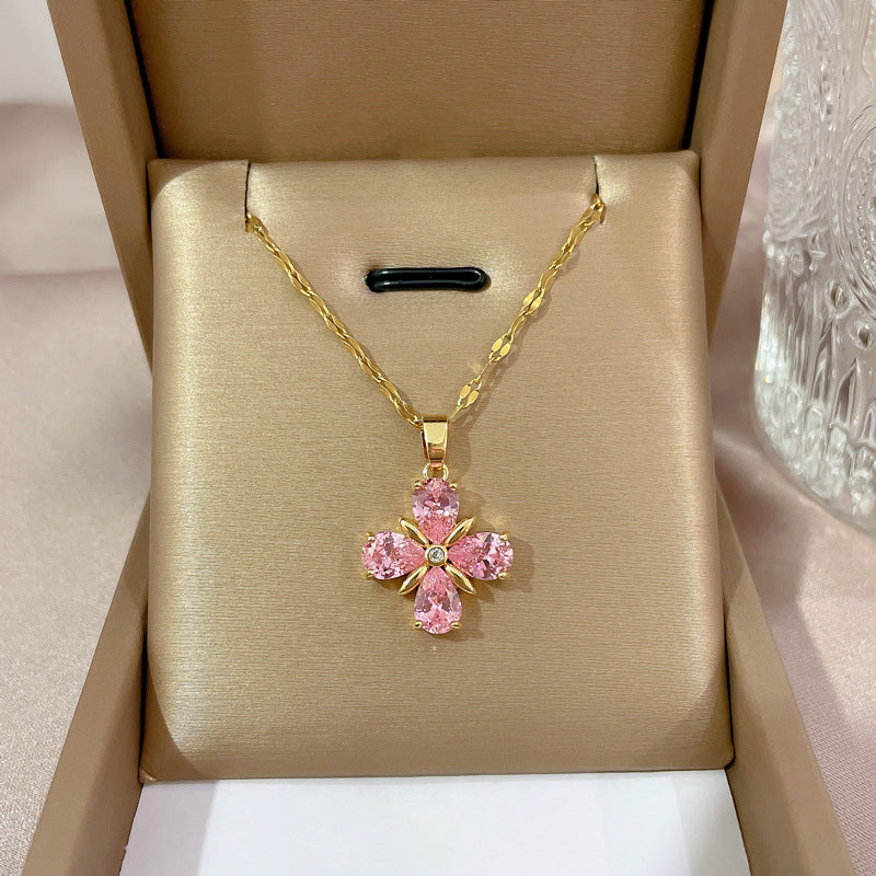 Pink Clover Pendant Gold-plated Necklace