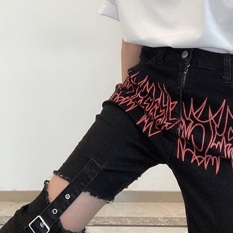 Flame Print Split Black Jean Women