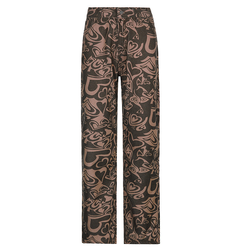 Hearts Print High Waist Straight Pants Women