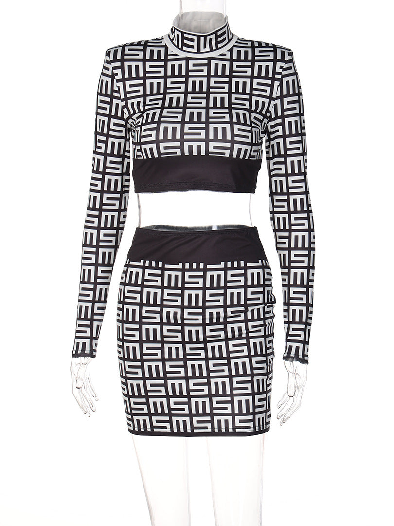 Geometric Jacquard Crop Shirt Skirt Two Piece Set