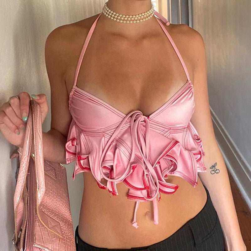 Satin Halter Strap Ruffles Top